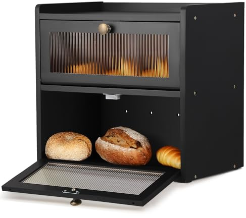 Boîte à pain Contraxump en bois à 2 étages avec fenêtre transparente magnétique, grande boîte à pain, boîte à pain pour le stockage des aliments (A)