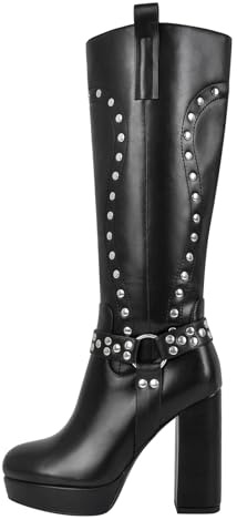 Meinabsatz Damen Plateau Stiefel Knee High Chunky Boots Kniestiefel mit Nieten