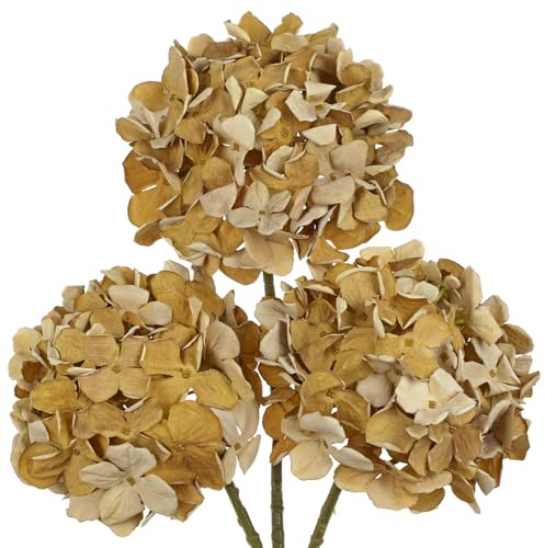 Oairse Lot de 3 fleurs d'hortensia artificielles en soie texturée séchée avec tiges pour table, mariage, décoration d'intérieur - Marron sable - 49,8 cm
