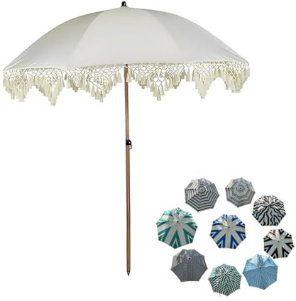 ZIUSFAC Sombrilla De Playa 8 Varillas Sombrilla Terraza Exterior 200cm Bohemia Parasol Mástil De Metal Sombrilla De Jardín con Flecos UPF 50+(White)