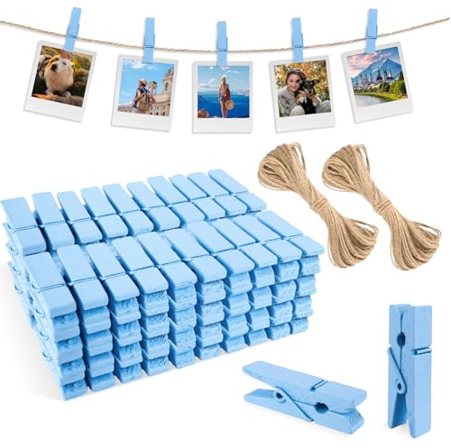 joycraft Mini Wooden Clothespins with String - 100Pcs Baby Blue Craft Clips, 1.4 in Photo Holder Hanging Clips for DIY Craft, Wedding Party Decor, Classroom Projects, Photo Wall