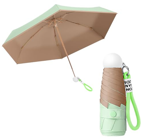 Mini Compacto Viaje Portátil Paraguas Sombrilla De Mano Plegable con Trenzado Llavero Cordón y Asa Redonda Esmerilada,Niños Mujeres,Sol y Lluvia,Fibra De Vidrio,Ligero,Bolsillo,UPF 50+ Protección UV