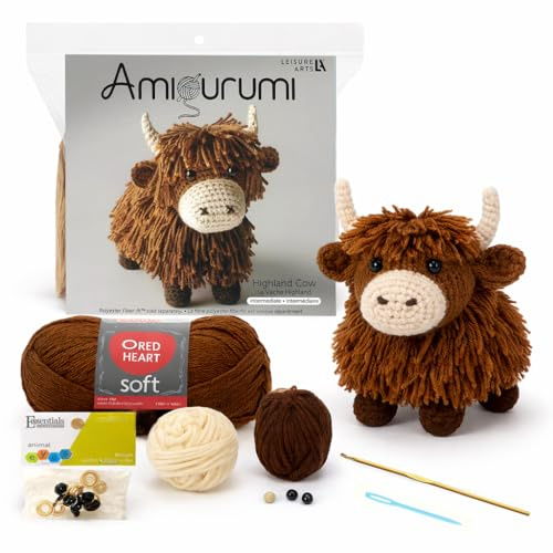 LEISURE ARTS Häkelset Amigurumi Hochlandkuh Braun, Häkelset Anfänger, Anfänger für Erwachsene, Tierset, Kits für Anfänger