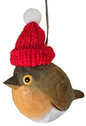 European Robin Wooden Christmas Ornament, Hand‑Carved Wooden Bird with Red Knit Hat, Gift Box Included, 3.7 x 3.1 in, Rustic Scandinavian Holiday Tree Decor