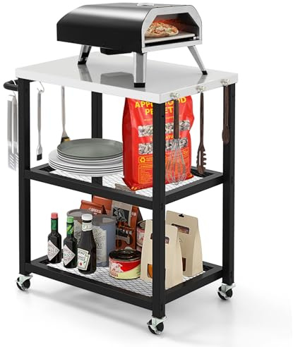 FANTASK Grillwagen, BBQ Beistellwagen mit 3 Ablagen, 4 Rädern, Griff, Haken, praktischer Beistelltisch, Pizzatisch für Garten, Terrasse, Hinterhof