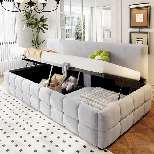 Polsterbett Sofabett 90*200 cm, Mit Hydraulischem Stauraum, Rückenlehne Ohne Armlehnen, Mit Markantem, Klassischem Karomuster Am Unteren Rand. Multifunktionales Einzelbett, Samtstoff (Hellgrau)