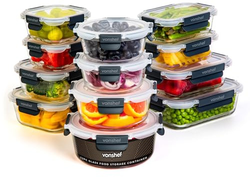 VonShef Glass Containers with Lids - 12 Piece Meal Prep Food Lunch Boxes 320ml-1L Capacities, Oven and Dishwasher Safe, BPE-Free Airtight Leakproof Seal Great for Food Storage & Fridge Organisation | 320ml-1L Capacities, Oven and Dishwasher Safe, BPE-Free Airtight Leakproof Seal Great for Food Storage & Fridge Organisation