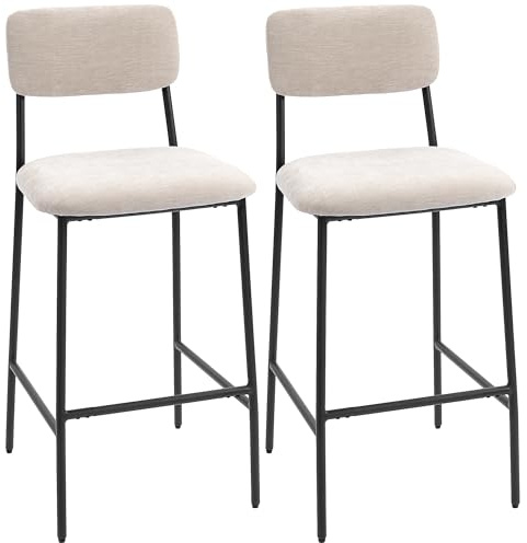 HOMCOM Set 2 Sgabelli Bar, Sgabelli Cucina Alti in Chenille con Schienale Alto, Poggiapiedi e Seduta Morbida Spessa, Struttura in Acciaio, Sedie Bar Alte, per Penisola, Sala da Pranzo, Bancone, Crema