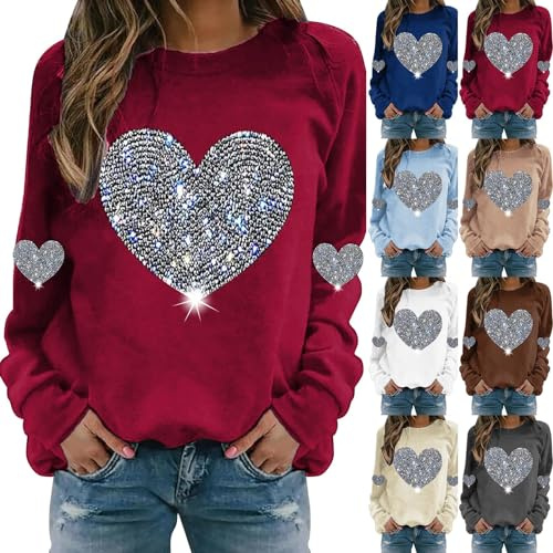 Alla hjärtans dag tröjor för kvinnor UK nyhet kärlekstryck överdimensionerad lös passform pullover trendiga alla hjärtans dag tröjor glittrande hjärtmönster casual säckiga tröjor för flickor, Röd, M