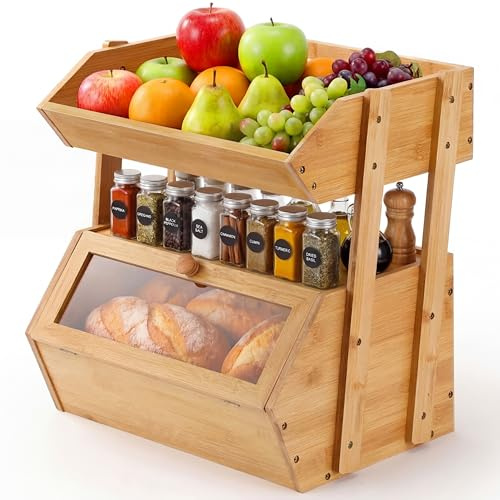 Sawysine 2 Tier Bamboo Bread Box Fruit Basket for Kitchen Countertop Large Capacity Farmhouse Bread Box with Window Fruit Stand Holder Vegetable Container Storage Bin Pantry Shelf for Snack Veggies