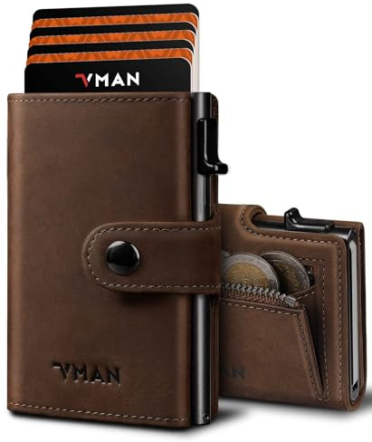 VMAN Portefeuille Homme, Portefeuille Slim avec Poche à Monnaie, Protection RFID, Portefeuille en Cuir Premium pour 8–11 Cartes, Petit Porte-Cartes pour Quotidien & Voyage – Marron Vintage