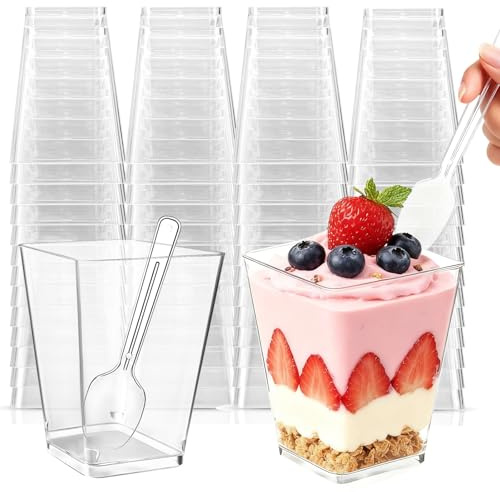 Hsxfl 150ml Reusable Mini Dessert Cups with Spoons, Reusable Clear Plastic Dessert Cups, Square Cheesecake pots, Dessert Bowls, Desert Cups for Pudding, Fruit, Mousse and Ice Cream