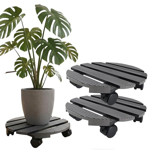 YRHome 2 Stück WPC Pflanzenroller Rund Ø 30 cm, Blumenroller 360° Räder mit Bremse, Wetterfest für Innen & Außen, Witterungsbeständig & Tragfähigkeit bis 100 kg, Anthrazit