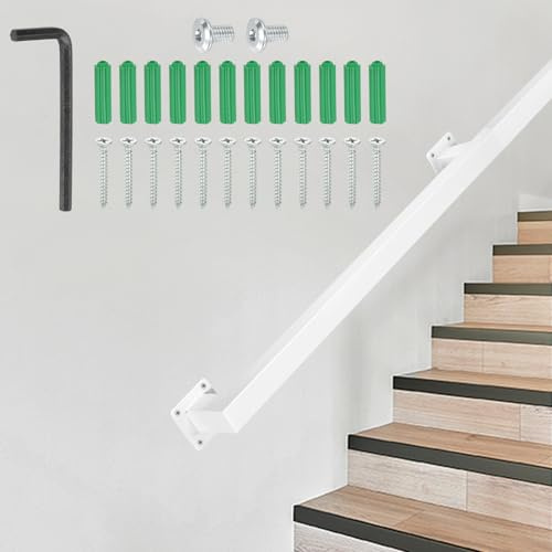 DTGN Stair Railing Indoor 5FT - Square Tube Handrail Metal Staircase Wall Mounted Handrails for Home Indoor Stairs Loft - Non-Slip W/Screws & Expansion Tube & Hex Wrench - White