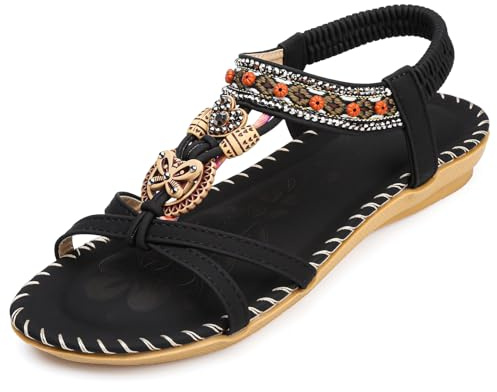 HODTOB Womens Sandals Arch Support Summer Beach Sandals Comfort Walking Orthopedic Bohemian Rhinestones Sandals Black 4UK