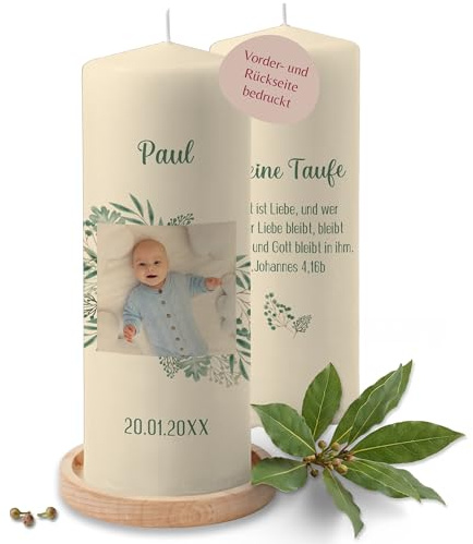 Taufkerze - Taufe - Meine Tauf Wunschfoto mit Datum - personalisiertes Taufgeschenk Deko Geschenke - 230/78 mm - Elfenbein