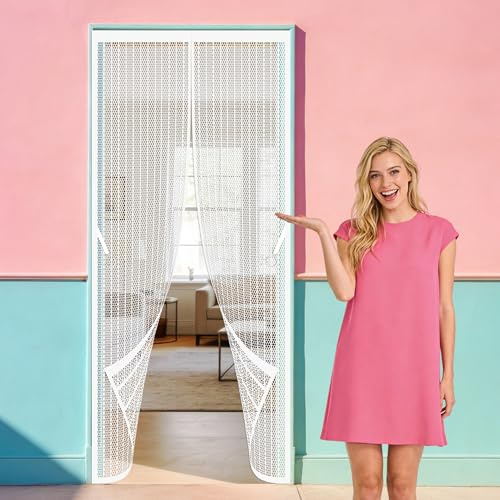 Magnetic Door Screen 108 x 295 cm Self Sealing, Hands Free Double Door Magnetic Fly Screen Keep Bugs Out Lets Fresh Air Suitable for Patio Room Balcony Bedroom, White