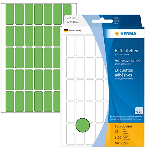 HERMA 2355 multifunktionsetiketter mini (12 x 30 mm, 32 ark, papper, matt) självhäftande, permanenta hushållsetiketter för handskriven märkning, 1 120 klistermärken, grön