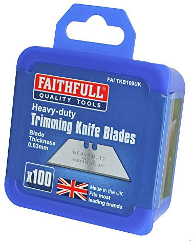 Faithfull Heavy-Duty Trimming Knife Blades with Storage Box, Made in The UK – Pack of 100