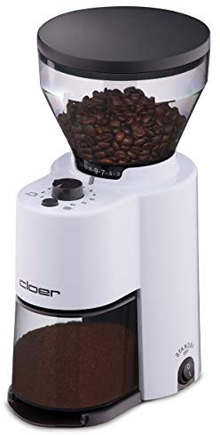 Cloer 7521 Elektrische Kaffeemühle mit Kegelmahlwerk aus Edelstahl, 2-12 Tassen, 300 g Kaffeebohnen, 150 W, verstellbarer Mahlgrad, weiß