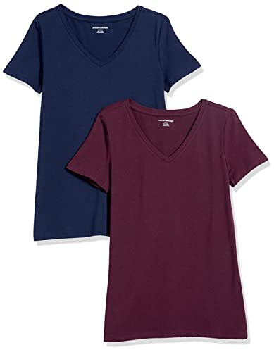 Amazon Essentials Camiseta de Manga Corta con Cuello en Pico y Corte Recto Mujer, Paquetes Múltiples