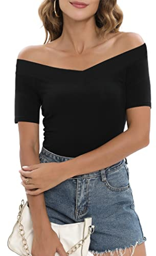 Sarin Mathews Womens Off The Shoulder Short Sleeve Tops Slim Fit Blouse Shirts Black XL