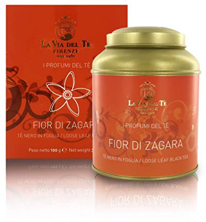 La Via del tè Fior di Zagara, tè Nero Profumato all'Arancia, tè Nero in Foglia con Scorze d'Arancia e Fiori d'Arancio in Barattolo di Latta, 100 Grammi