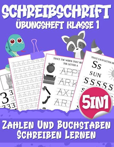 Schreibschrift übungsheft: Zahlen Und Buchstaben Schreiben Lernen. Zu Addieren, Zu Zählen Und Die Uhrzeit Auf Der Uhr Zu Lesen, Angenehmes Lernen Von Englisch