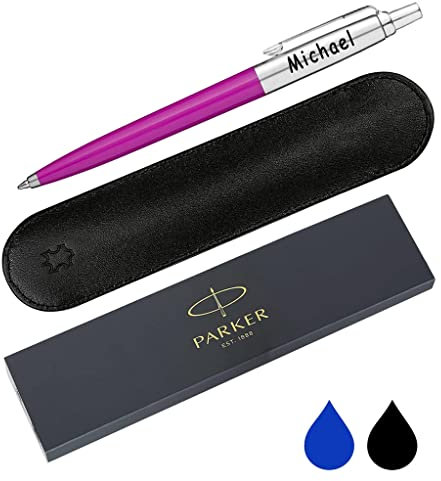 PARKER Personalised Engraved Jotter Ballpoint Pen with Genuine Leather Pouch in 15 Colours - Choice of Blue or Black Ink, Ballpoint Pen Gift, Personalised Pen Jotter, Magenta