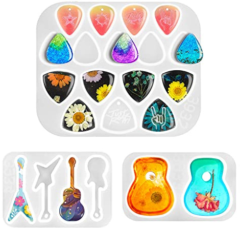 Epoxidharz Formen Silikon, CAYUDEN 3 Pack Gitarrenplektren Harzformen Silikon Gitarrenzubehör Resin Silikonform Epoxidharz Kunstformen Gitarrenanhänger Silikon Gießformen für Schlüsselanhänger