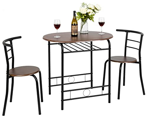VINGLI 3 Piece Dining Set,Small Kitchen Table Set for 2,Breakfast Table Set for 2,Kitchen Wooden Table and 2 Chairs for Small Space/Dining Room/Apartment,Metal Frame,Wine Rack,Black&Walnut