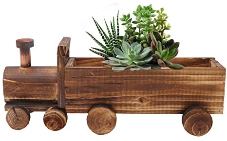 Cartoon Train Shape Wooden Flower Pot Cart, Wheelbarrow Flower Pot Planter for Indoor, Outdoor, Garden, Yard, Patio
