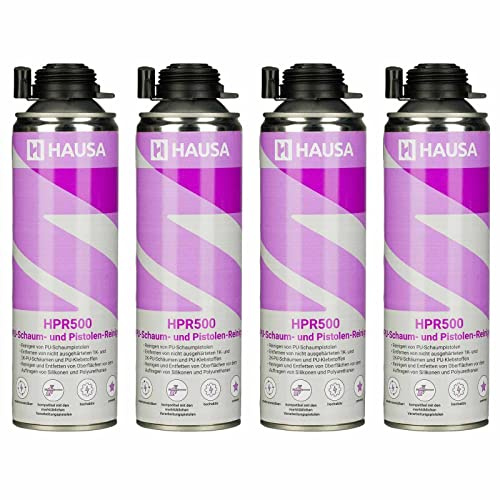HAUSA PU-Pistolenreiniger HPR500 4x 500ml hochaktiver Reiniger für Schaumpistolen Dosenventile Adapterröhrchen, zum Entfernen von frischem PU-Schaum, Entfetten von Metalloberflächen, Sprühkopf