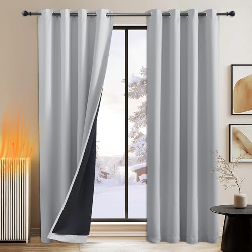 PONY DANCE Blickdichte Vorhänge 2er Set H 245 x B 140 cm Silbergrau, Thermovorhang Kälteschutz Verdunkelnde Gardinen mit Ösen Doppellagiger Vorhang Thermo Curtains for Bedroom