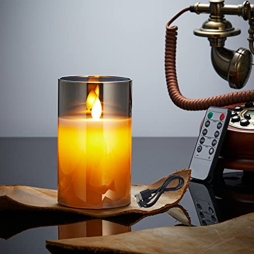 Lonkenn LED Kerzen, Wiederaufladbar LED Kerzen mit Glas, Halloween Kerzen, Led Kerzen mit Fernbedienung, Flammenlose Flackern Kerzen, Outdoor LED Kerzen mit Timer 15cm, USB Ladekabel Inbegriffen-Grau
