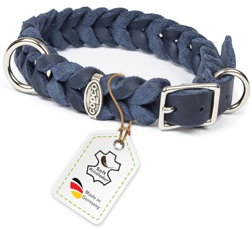 CopcoPet Hundehalsband aus Fettleder 25–29 cm x 15mm Marineblau – Geflochtenes Lederhalsband – verchromt mit Dornschließe – Robust & verstellbar – Für kleine Hunde, ideal für Alltag & Training