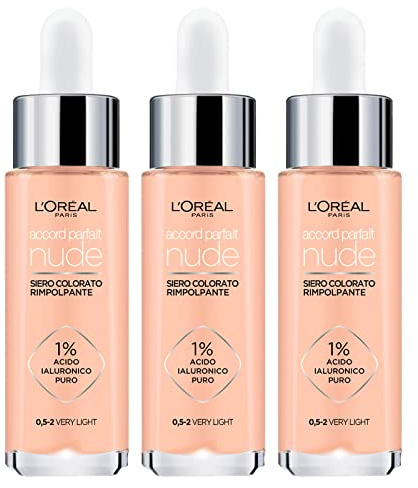 L'Oréal Paris Accord Parfait Nude Siero Viso Colorato Formula con 1% di Acido Ialuronico Puro ad Azione Rimpolpante Uniformante Coprente Anti-Age Texture Leggera Colore 0,5-2 Very Light - 3 Cosmetici