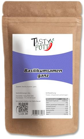 Tasty Pott Basilikumsamen - ganz I Kräutersamen I Für Smoothies Shakes Gemüsesaft I Quellstoffe I Vergleichbar mit Chiasamen I Vegane Ernährung I Basilikum Saat I Im Beutel 500g