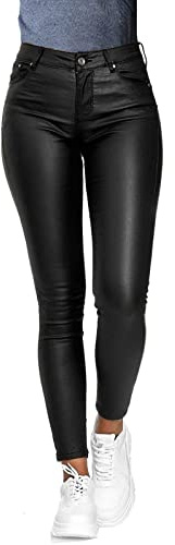Minetom Damen Lederhose Sexy PU Leder Look Skinny Leggings Hochwertige High Waist Stretch Optik Schwarz Schlank Hose Kunstlederhose Treggins Push Up Effekt Pants Jeanshose