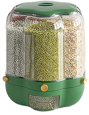 9L 6 Grid Rotatable Rice Dispenser Sealed Grain Food Storage Box Food Grain Storage Container Kitchen Storage Bucket (Green 18 pounds of Transparent Pets to Increase)
