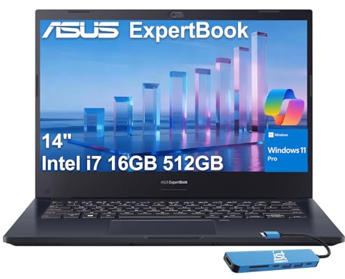 ASUS ExpertBook Thin & Light Business Laptop (14 FHD, Intel Core i7, 16GB RAM, 512GB SSD) for Small Business, Traveling, Engineering, Backlit Keyboard, Fingerprint, IST Hub, Win 11 Pro w/Copilot