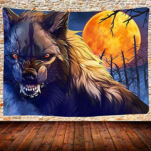 Wandtuch Fantasietier Werwolf Mond Deko Tapisserie Portabel Kunst Wandteppich Für Schlafzimmer Deko Geschenke,130X150Cm