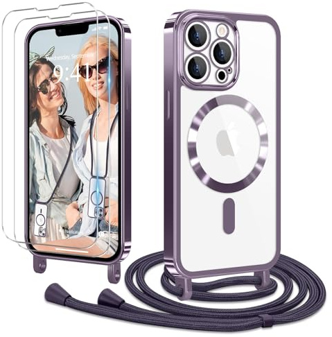 Ethanger für iPhone 13 Pro Max Hülle mit Band + 2 Schutzfolie, Lila | Handyband Transparent Silikon Handyhülle, Magnetische Schutzhülle Case zum Umhängen Kordel