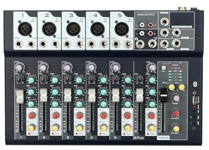 7 Kanal DJ Mischpult, Professioneller Sound Mixer Tragbare Audio Powered Mixer, 5 Klangeffekte, für Band-/Bühnenauftritte, Bars, Aufnahmestudios, Netzwerk-Moderation, 33 x 23 x 3.7cm