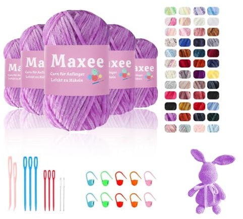 Maxee 500g(5×100g) Samtig Babywolle, Samt Chenille Garn mit Häkelwerkzeuge, Kuschelweich Velvet Chenillegarn Flauschige, Weich Plüschwolle Häkelgarn Wolle zum Stricken & Häkeln