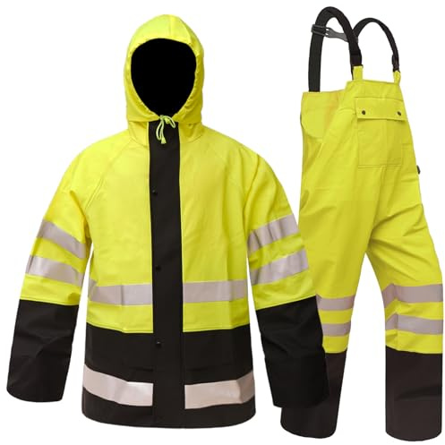 Rizzon Waterproof Rain Suits for Men & Women, Hi-Vis Rain Jacket & Bib Overalls, Heavy Duty Rain Gear for Fishing Outdoor Activities(Fluorescent,L)