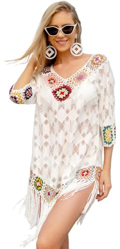 LCXYYY Damen Strandkleid Bohemian Sexy Gefranste Gehäkelt V-Ausschnitt Strandponcho Bluse Sommer Strandurlaub Badeanzug Bikini Cover-Ups