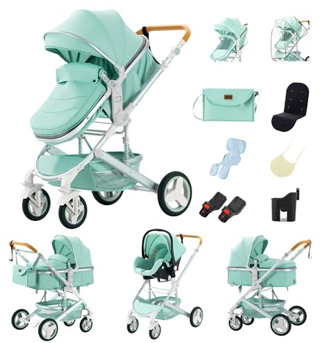 GLOKID Carrito bebé 3 en 1, Silla de Paseo para Niños, Silla Paseo, Sistema de viaje, Plegable, Travel System, Con accesorios, Góndola, Adaptateurs (530 Verde)