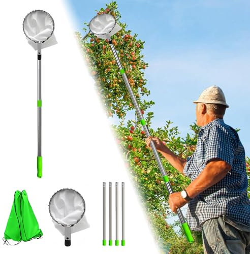 skytowards Obstpflücker Apfelpflücker mit Teleskopstiel Diameter 16 cm Kirschenpflücker Pflaumenpflücker Teleskopapfelpflücker Fruit Picker mit Teleskoppfahl & Baumwollbeutel Obstgreifer für Kirschen