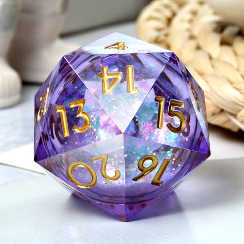Flüssige Würfel D20, 33 mm, DNDND Glitzer und Pailletten, flüssig, 20-seitig, Spindown-Würfel mit wunderschöner Geschenkbox für Dungeons und Drachen, Lila